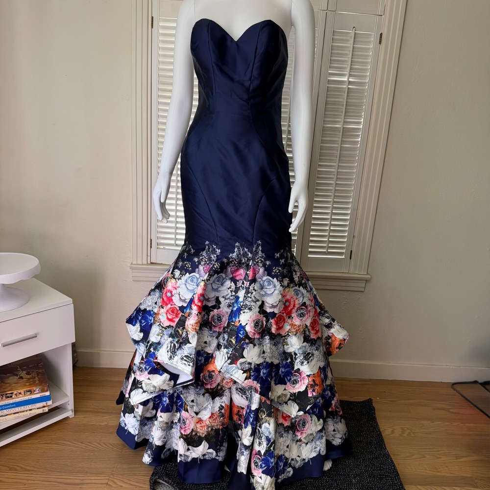 Navy Strapless Mermaid Prom Dress with Floral Ruffle Hem